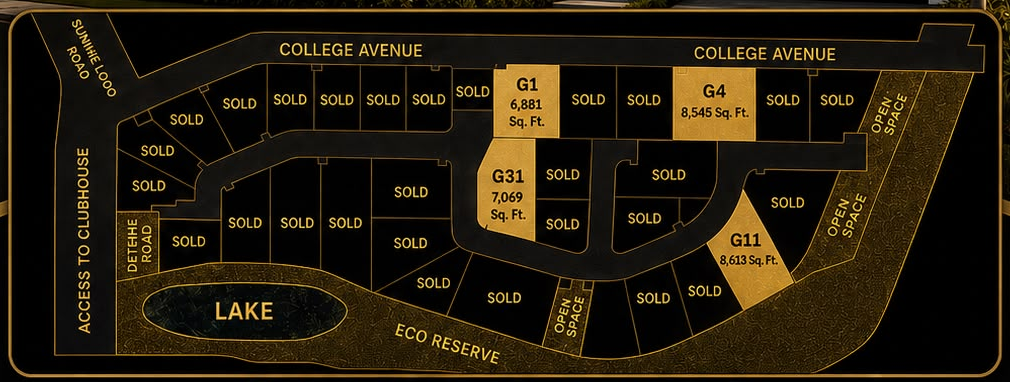 Infinity Lakes Trincity site plan showing available lots G1, G4, G11 and G31